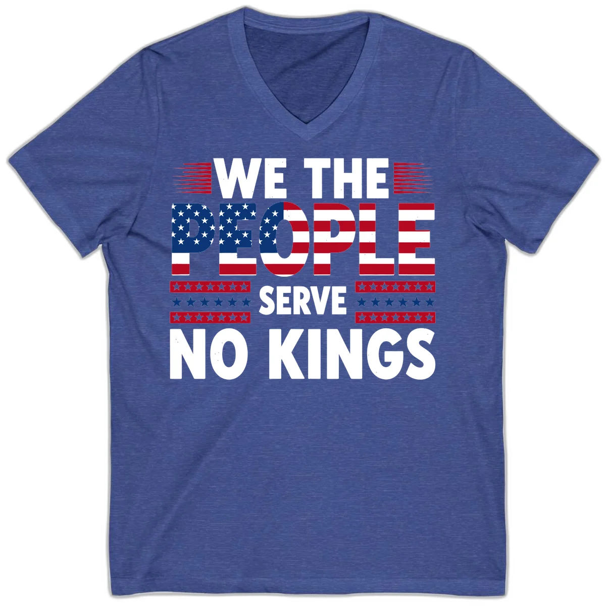 We The People Patriotic Flag Typography V-Neck in Heather True Royal