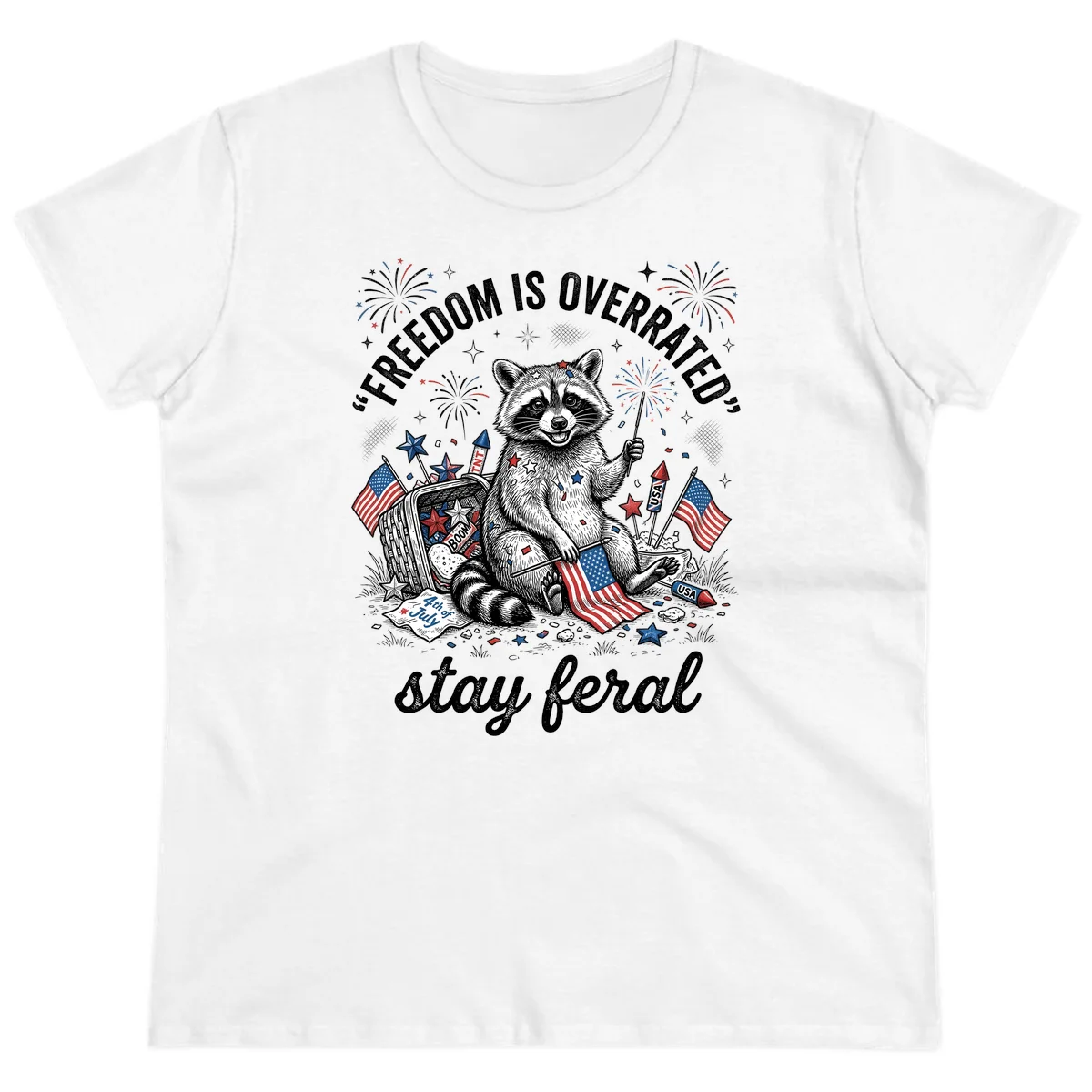 Feral Raccoon Fourth of July Ladies Tee in White