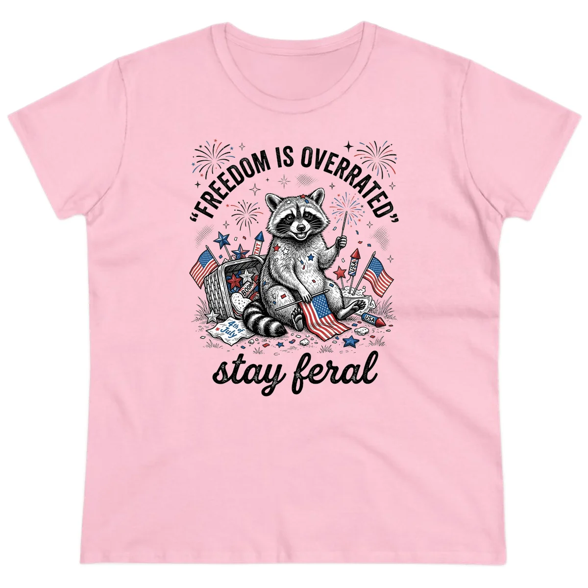 Feral Raccoon Fourth of July Ladies Tee in Light Pink