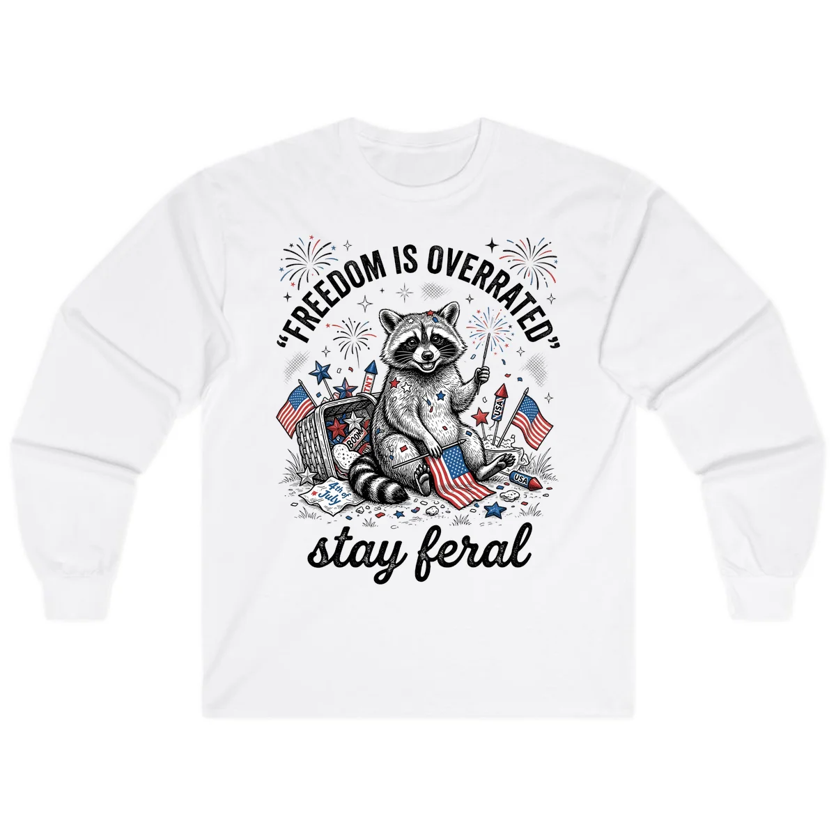 Feral Raccoon Fourth of July Long Sleeve in White