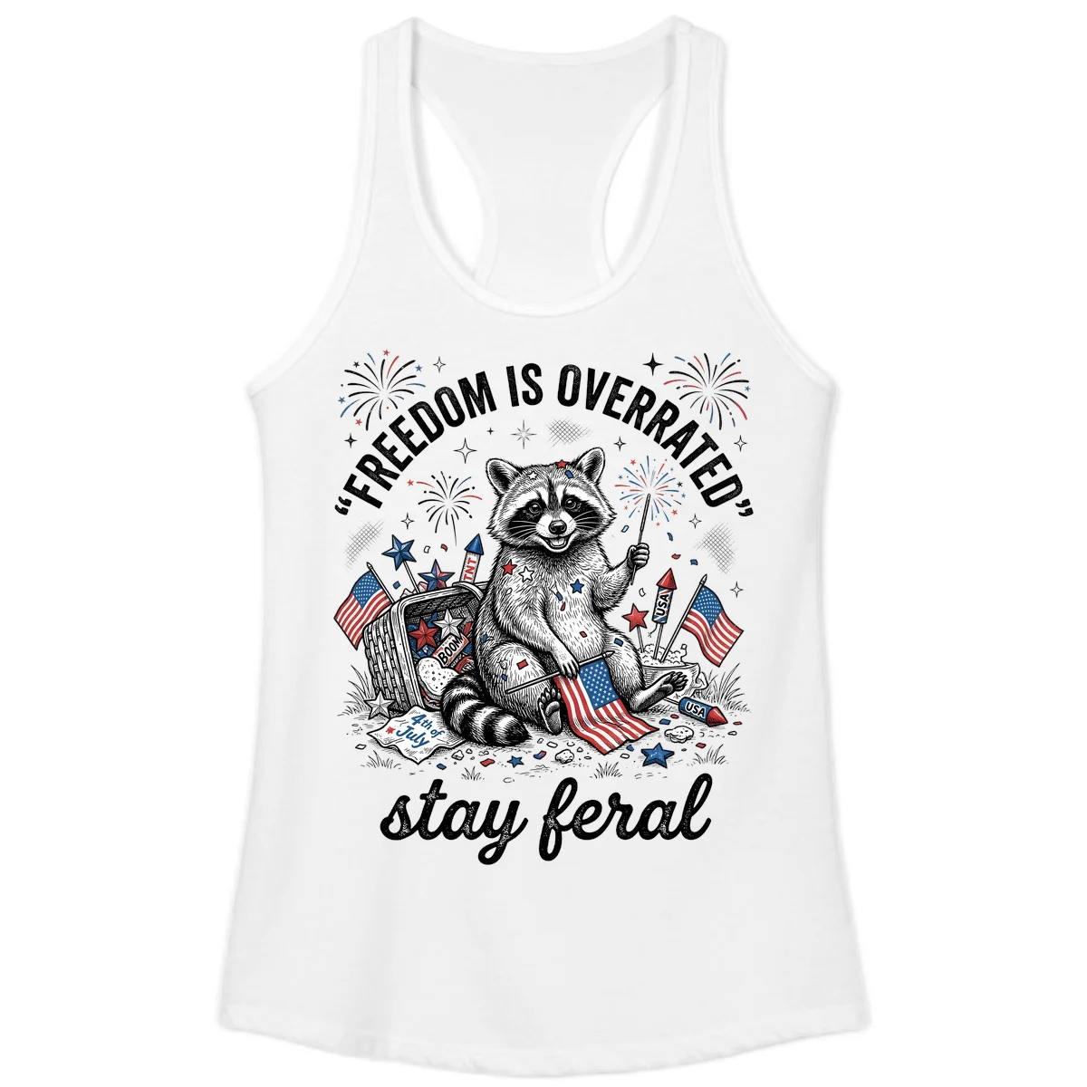Feral Raccoon Fourth of July Ladies Tank in White