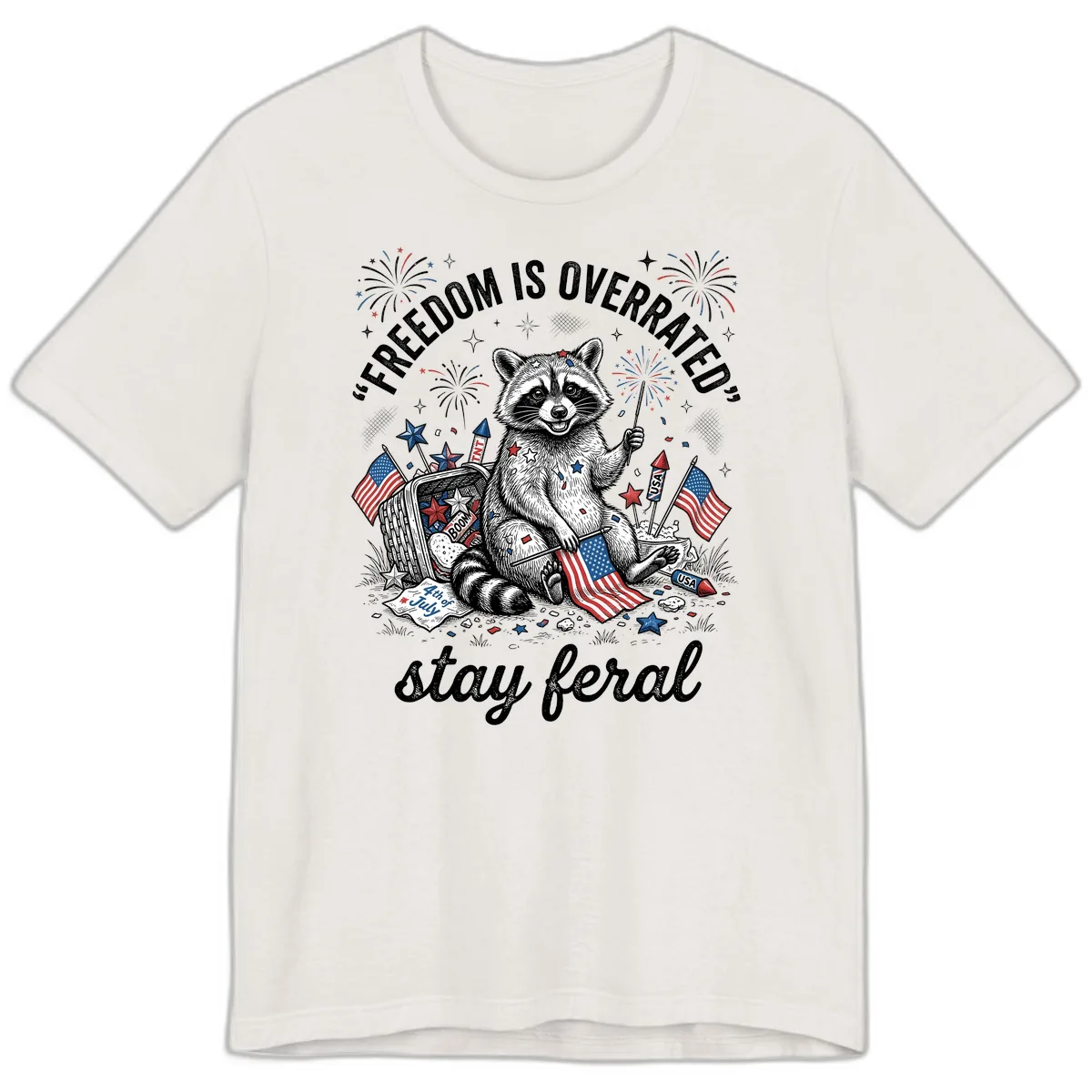 Feral Raccoon Fourth of July Fireworks Celebration Premium T-Shirt in Vintage White
