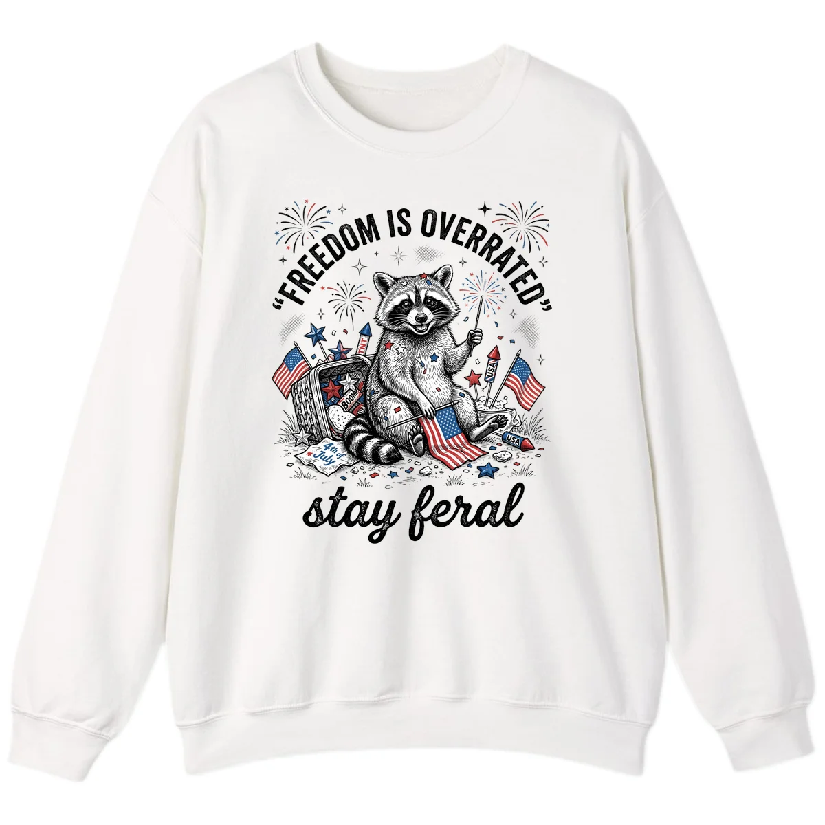 Feral Raccoon Fourth of July Sweatshirt in White