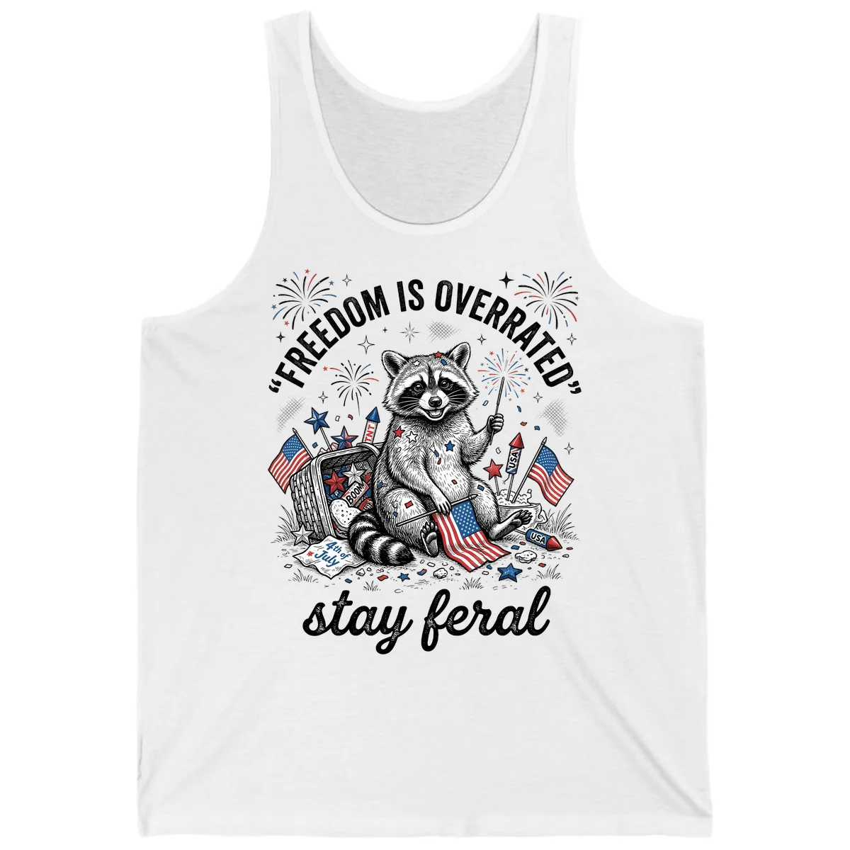 Feral Raccoon Fourth of July Tank in White