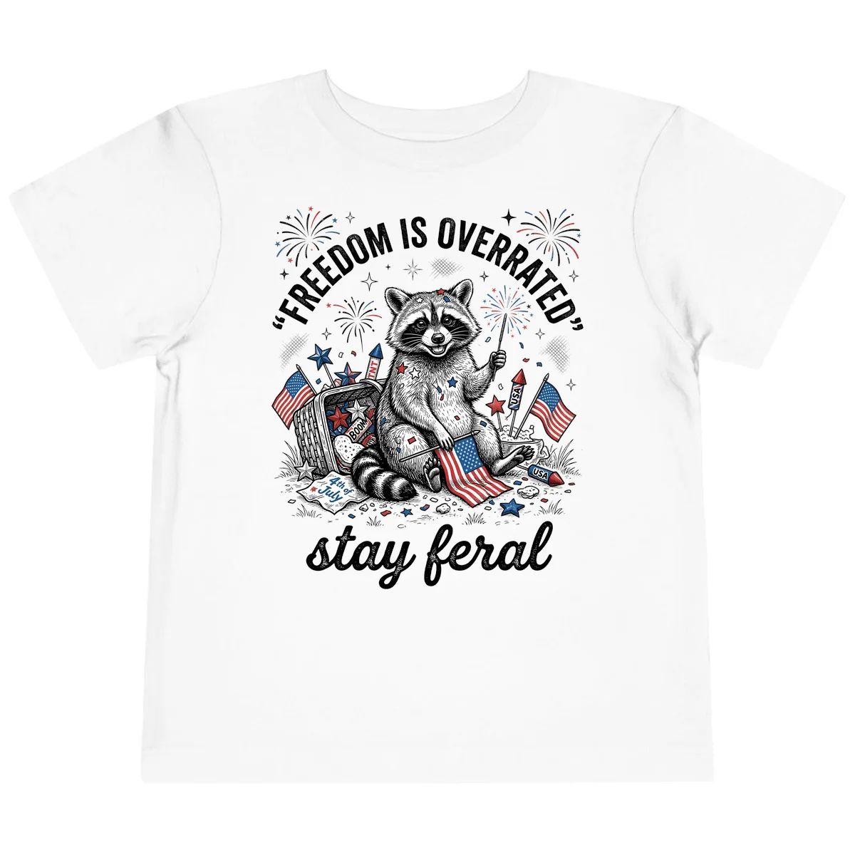 Feral Raccoon Fourth of July Toddler T-Shirt in White