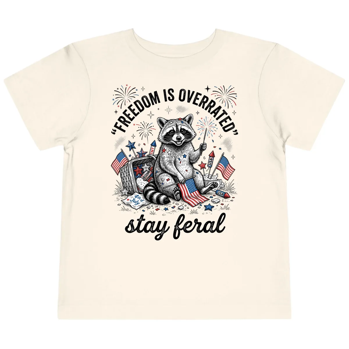 Feral Raccoon Fourth of July Fireworks Celebration Toddler T-Shirt in Natural