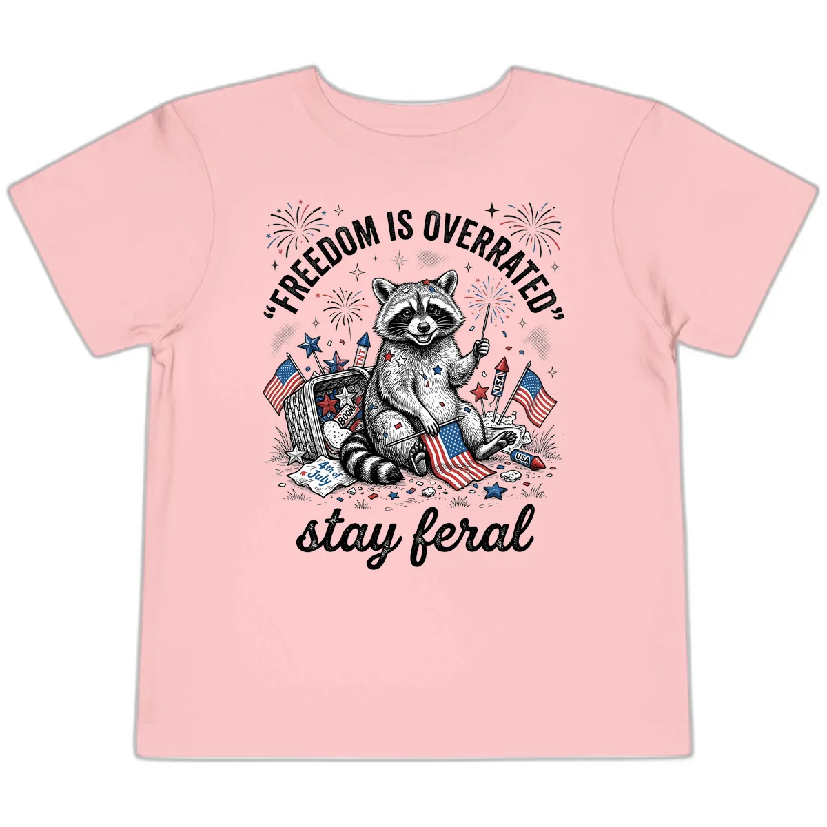 Feral Raccoon Fourth of July Toddler T-Shirt in Pink
