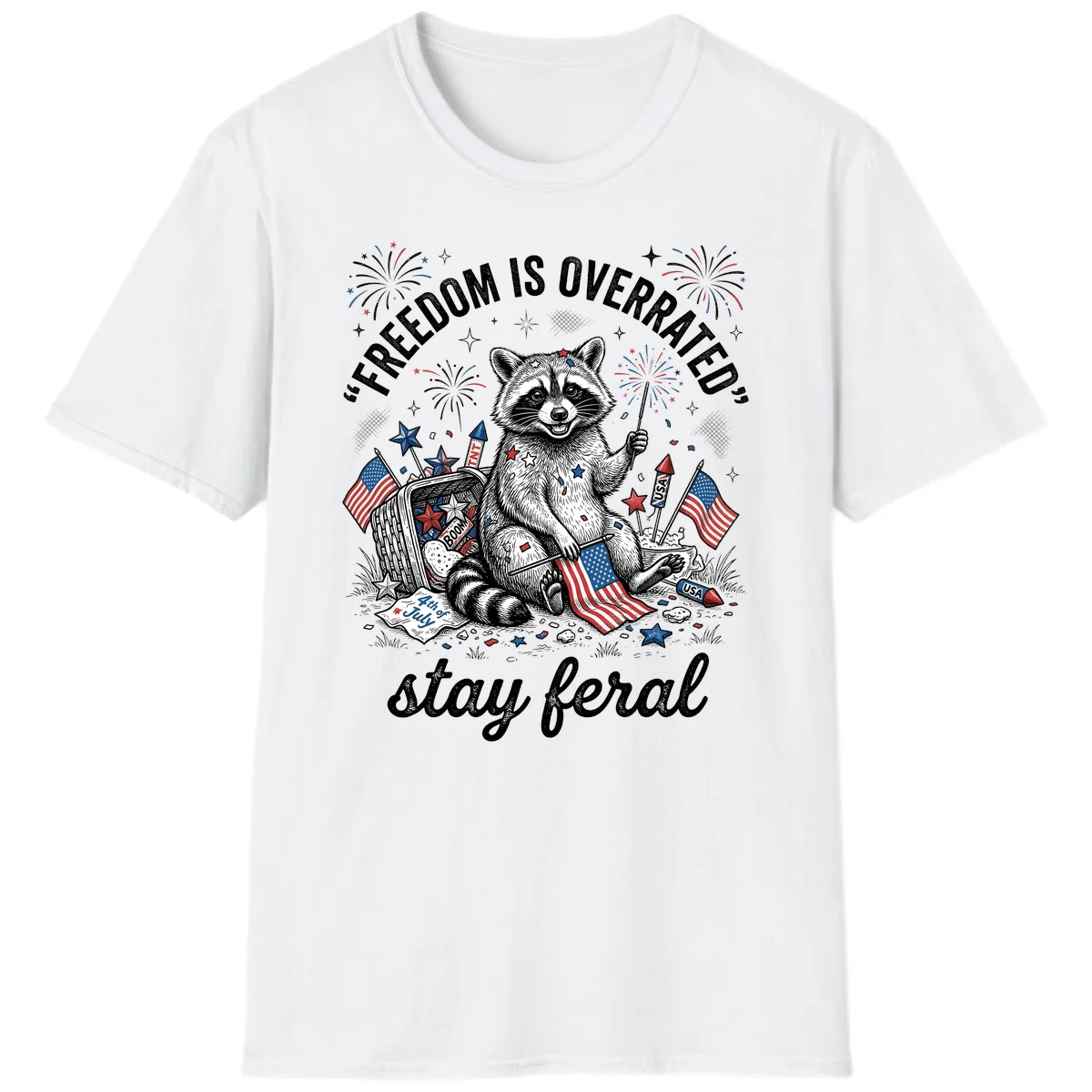 Feral Raccoon Fourth of July T-Shirt in White