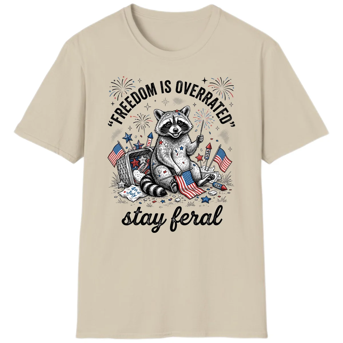 Feral Raccoon Fourth of July T-Shirt in Sand