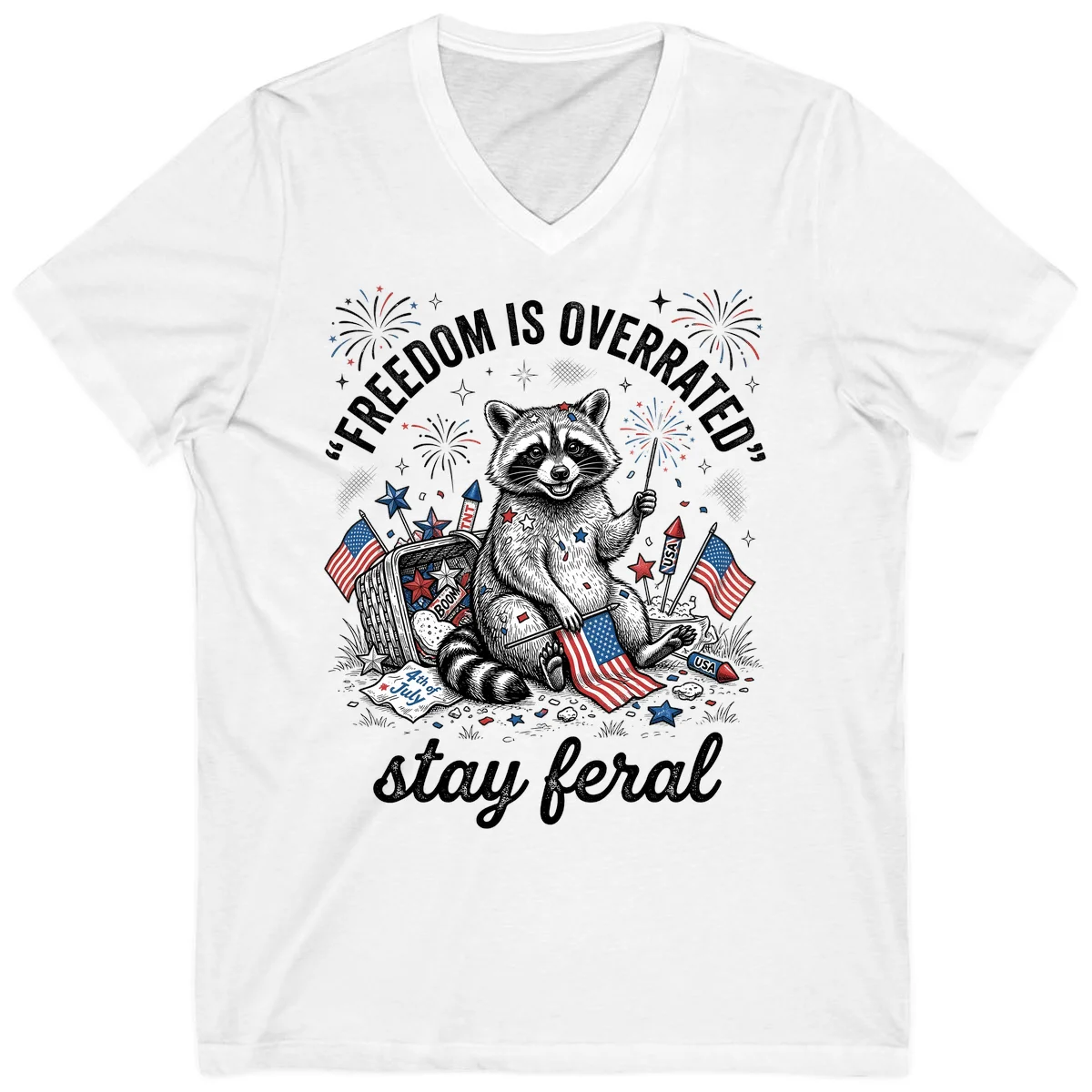 Feral Raccoon Fourth of July V-Neck in White