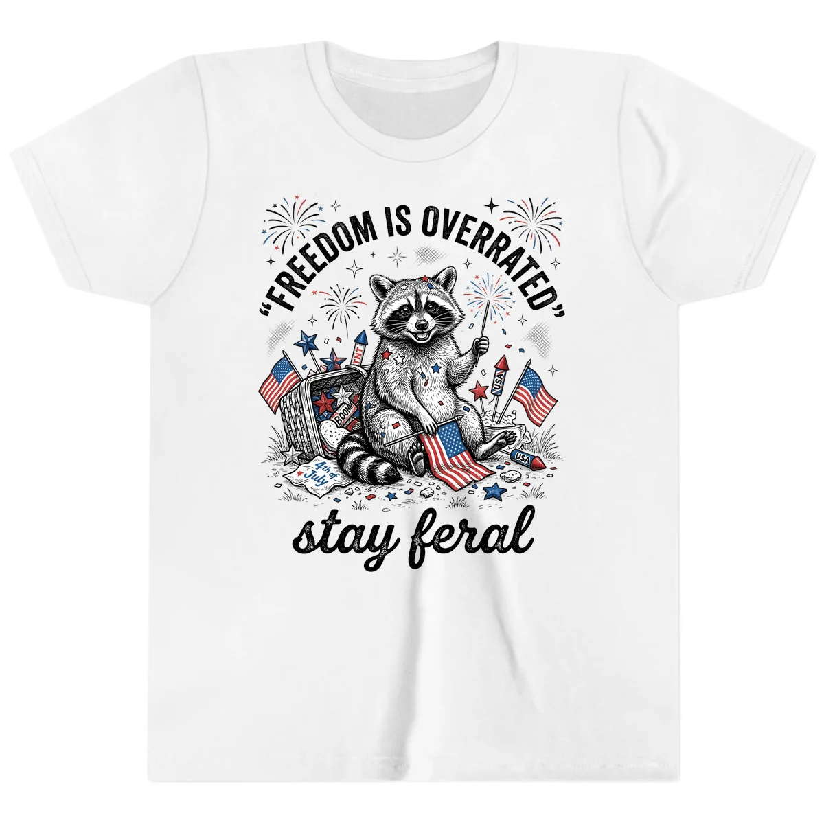 Feral Raccoon Fourth of July Youth T-Shirt in White
