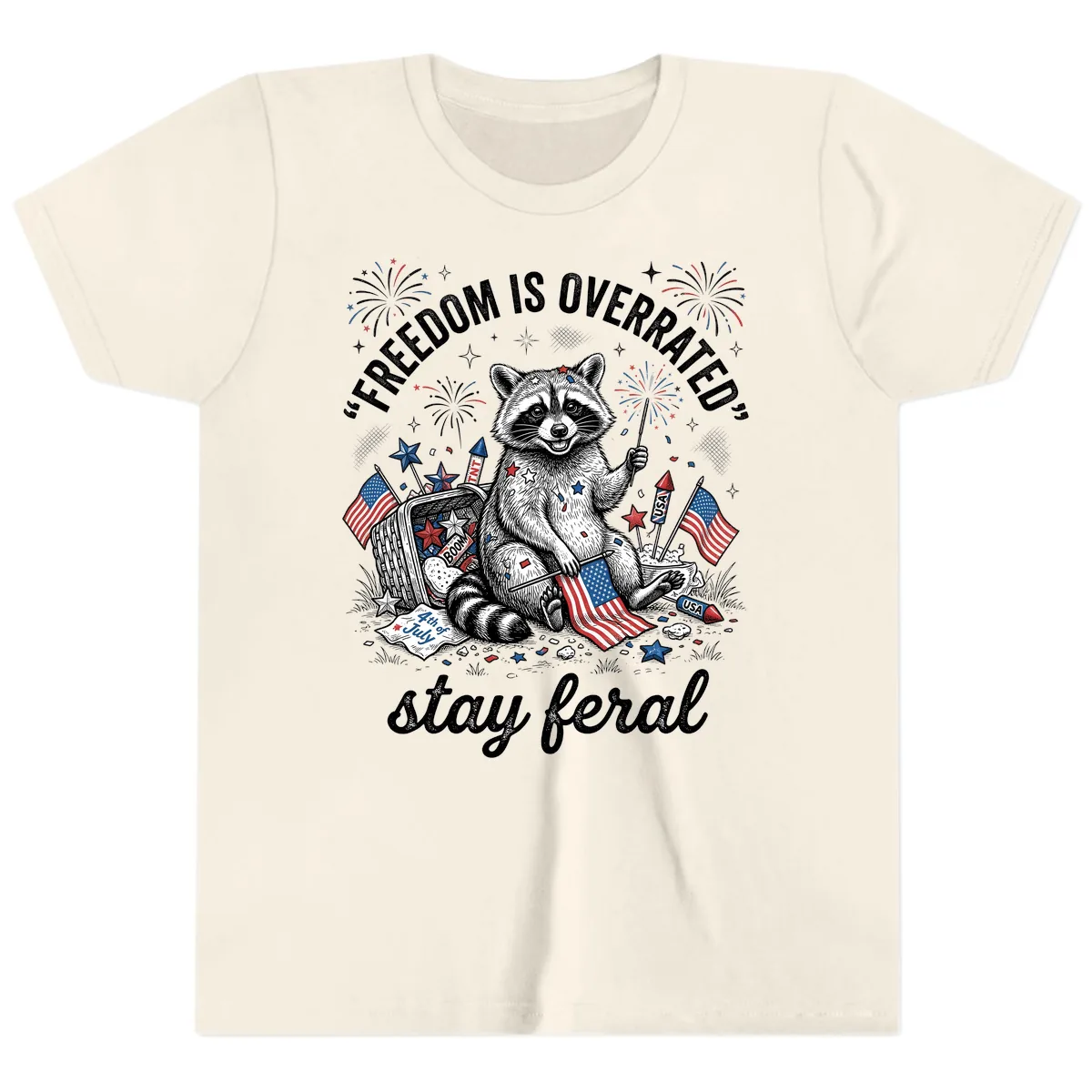 Feral Raccoon Fourth of July Fireworks Celebration Youth T-Shirt in Natural