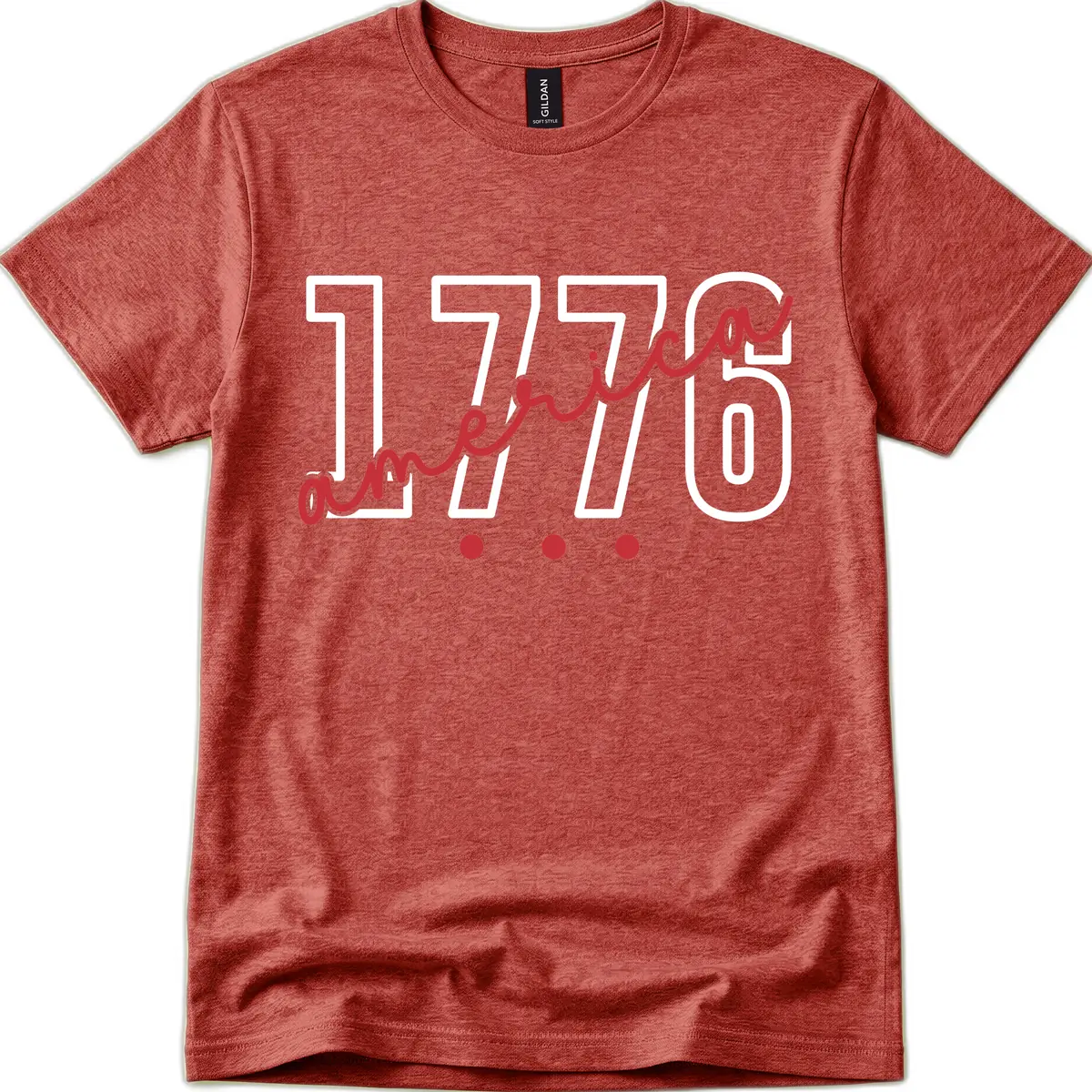 America Script with Three Dots Design T-Shirt in Heather Cardinal