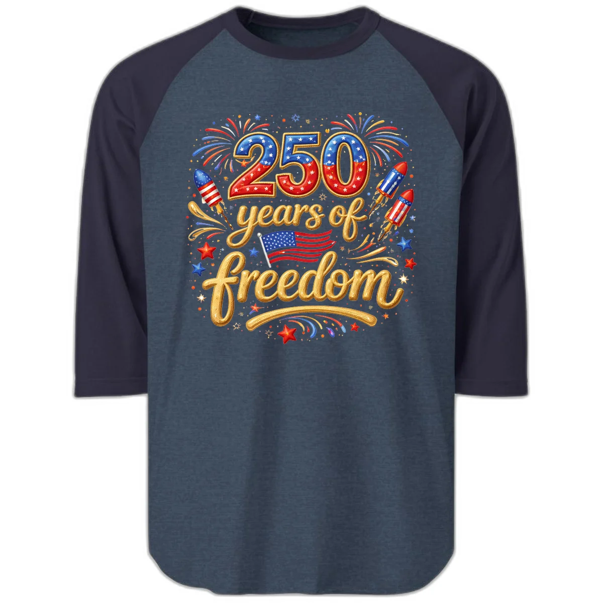 America 250th Anniversary Freedom Celebration Raglan 3/4 in Heather Denim Navy