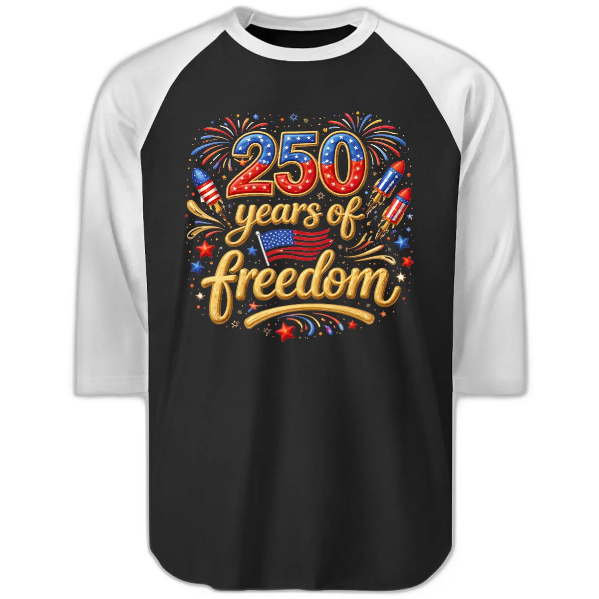 America 250th Anniversary Freedom Celebration Raglan 3/4 in Black White