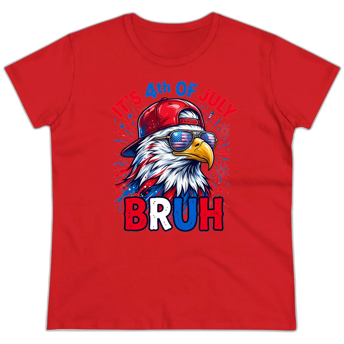 Patriotic Fourth Of July Bruh Eagle Ladies Tee in Red