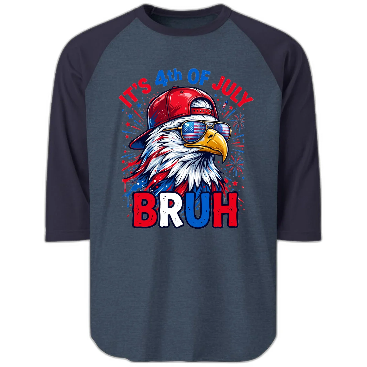 Patriotic Fourth Of July Bruh Eagle Raglan 3/4 in Heather Denim Navy