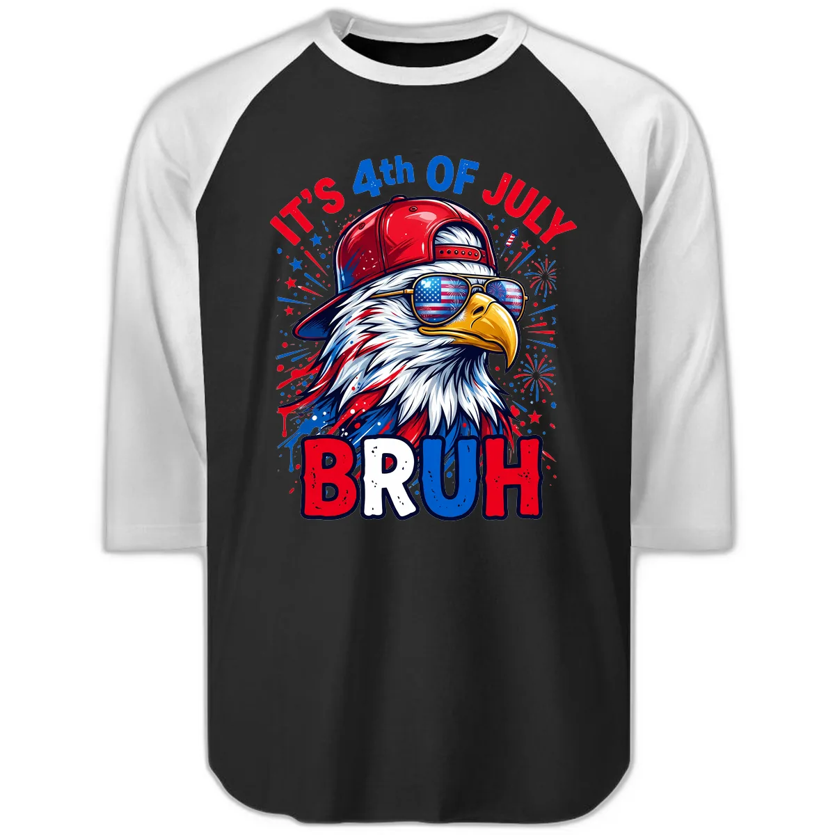 Patriotic Fourth Of July Bruh Eagle Design Raglan 3/4 in Black White