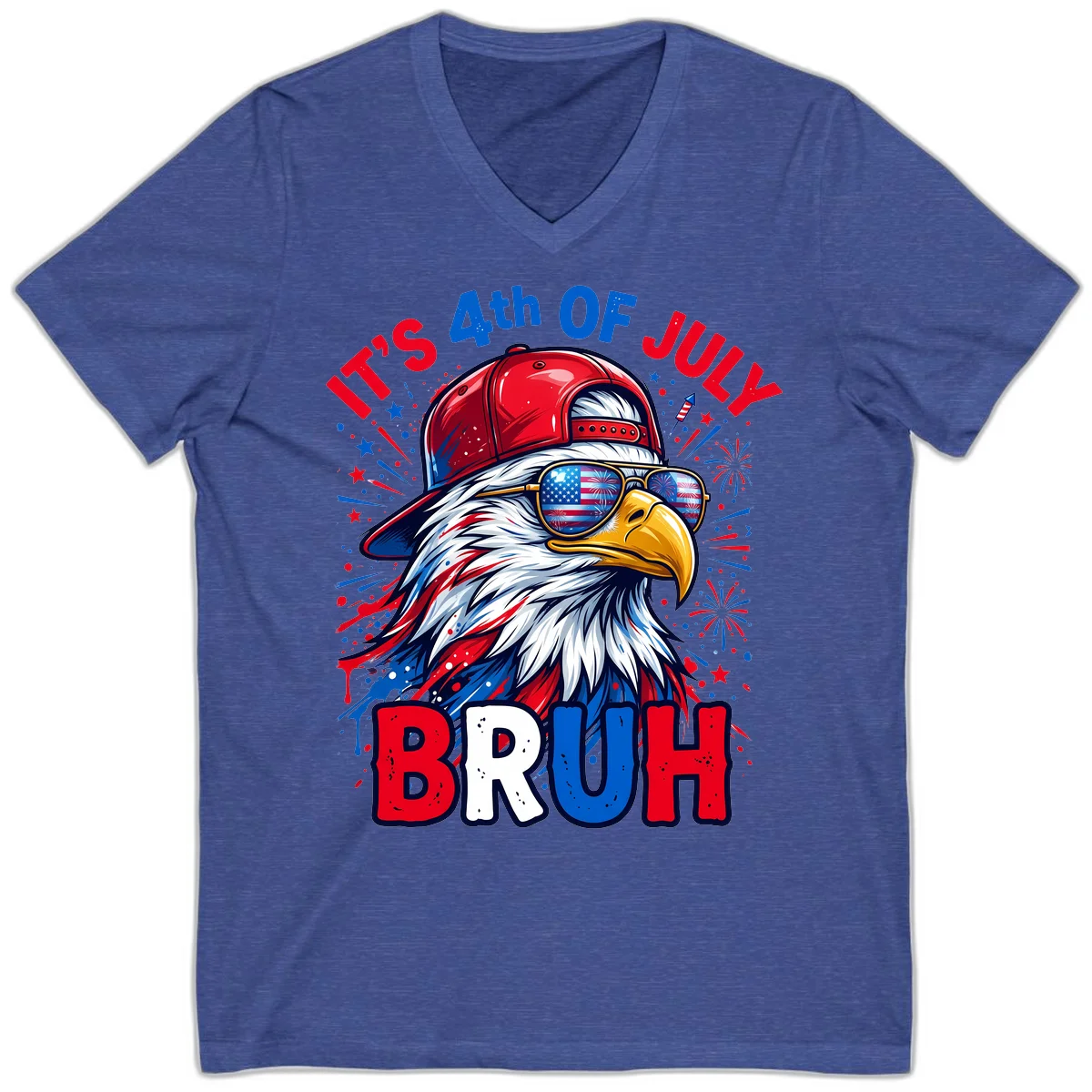 Patriotic Fourth Of July Bruh Eagle V-Neck in Heather True Royal