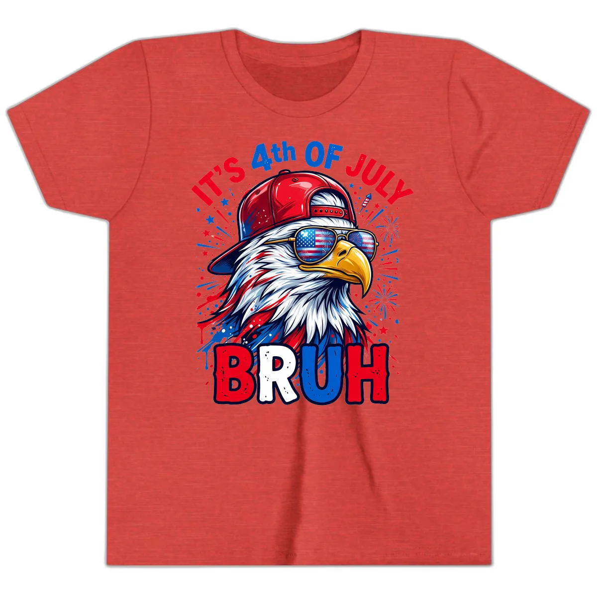 Patriotic Fourth Of July Bruh Eagle Design Youth T-Shirt in Heather Red