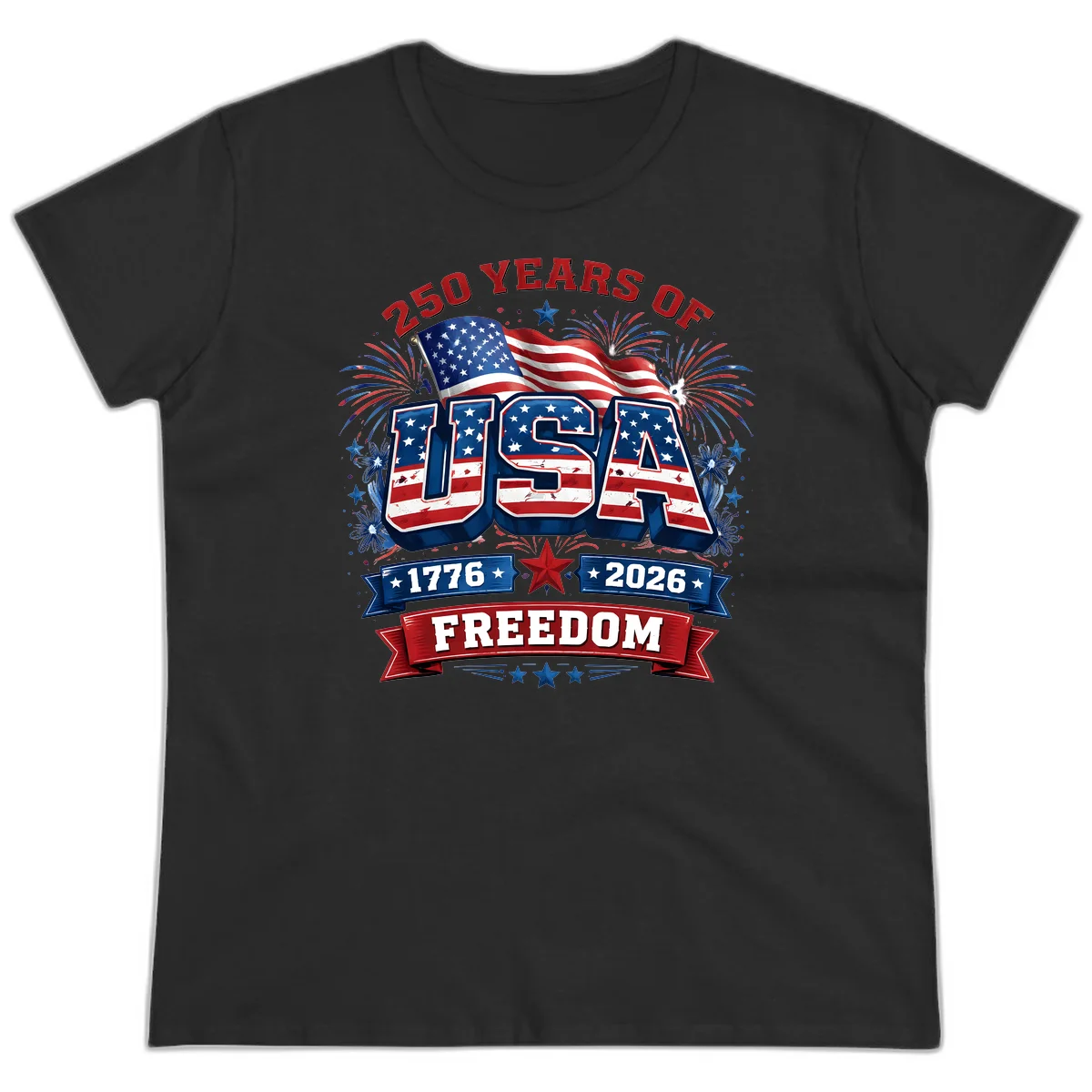USA 250th Anniversary Freedom Celebration Ladies Tee in Black