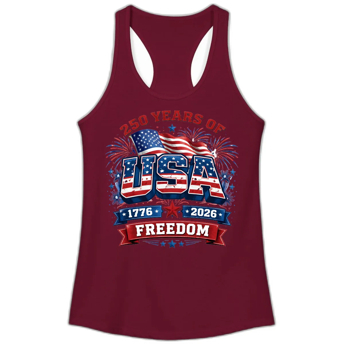 USA 250th Anniversary Freedom Celebration Design Ladies Tank in Solid Cardinal Red