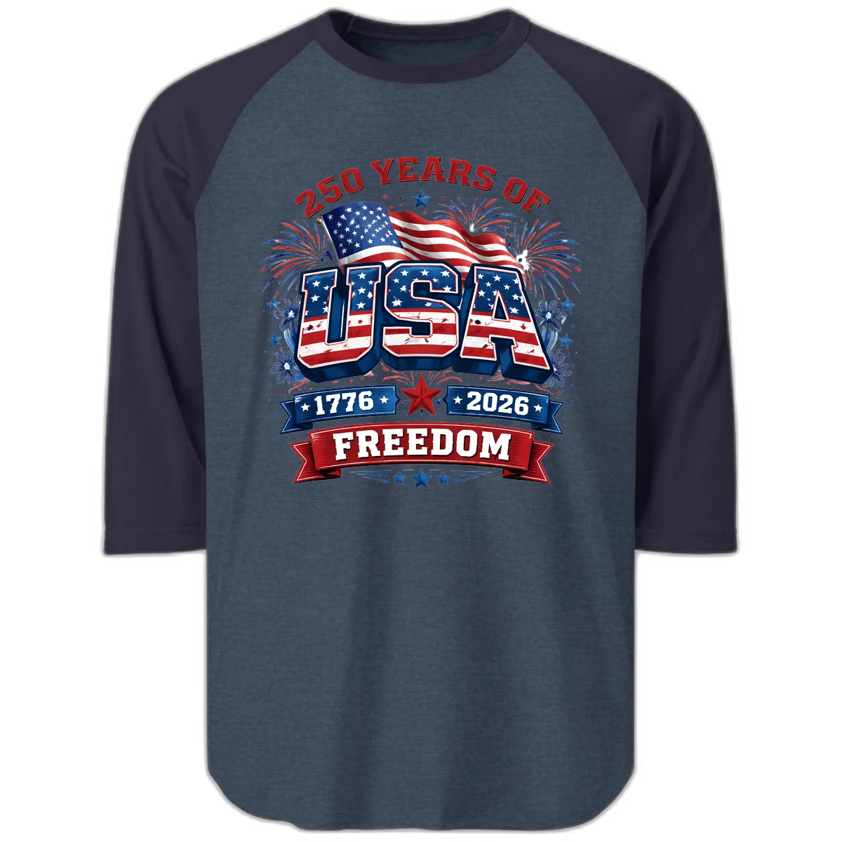 USA 250th Anniversary Freedom Celebration Raglan 3/4 in Heather Denim Navy