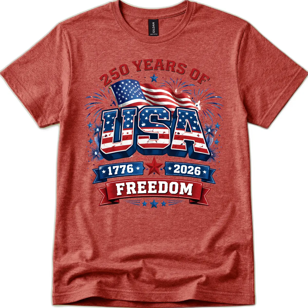 USA 250th Anniversary Freedom Celebration Design T-Shirt in Heather Cardinal