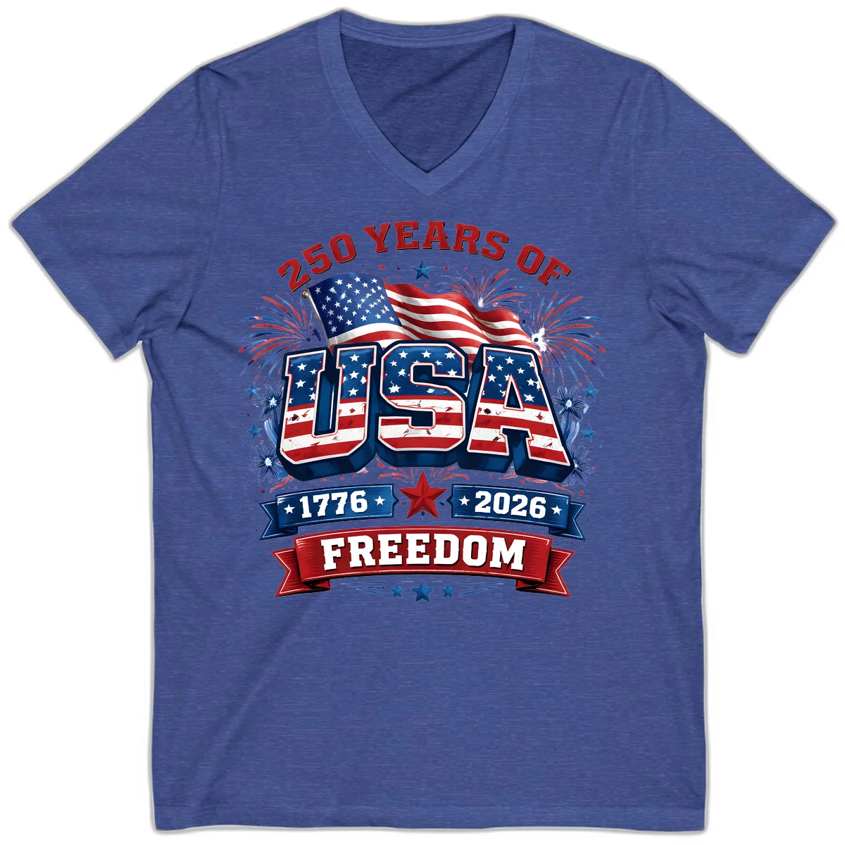 USA 250th Anniversary Freedom Celebration V-Neck in Heather True Royal