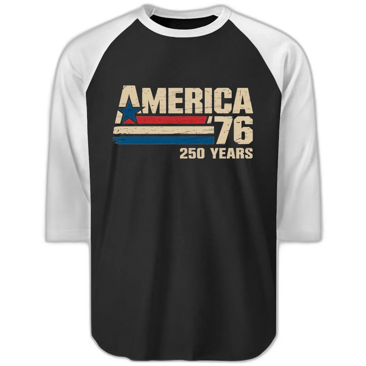 America '76 250 Years Commemorative Design Raglan 3/4 in Black White