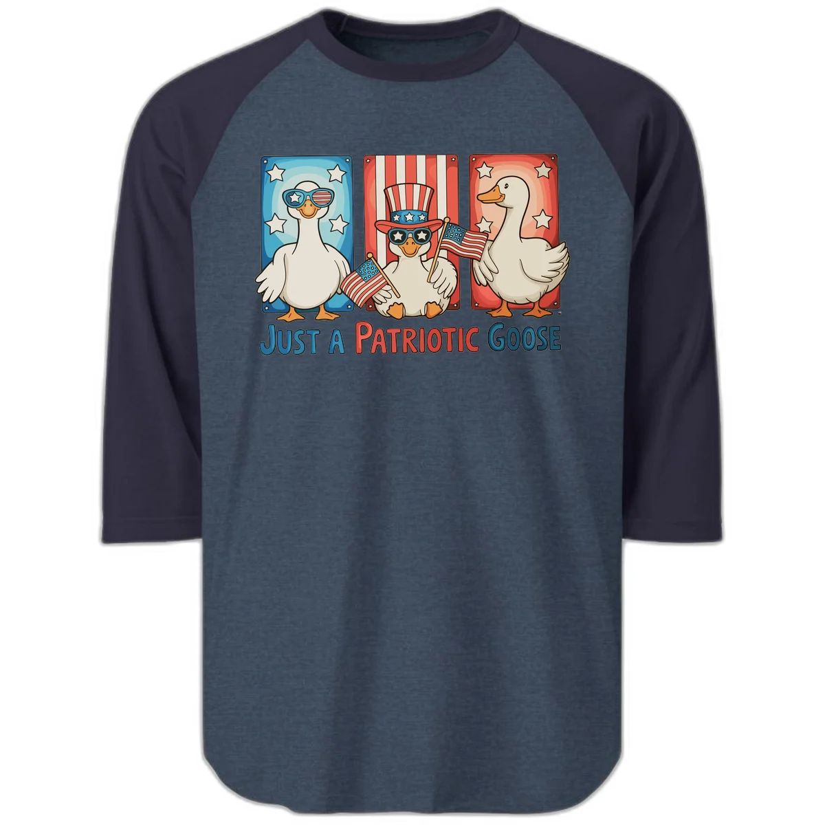 Just A Patriotic Goose Raglan 3/4 in Heather Denim Navy