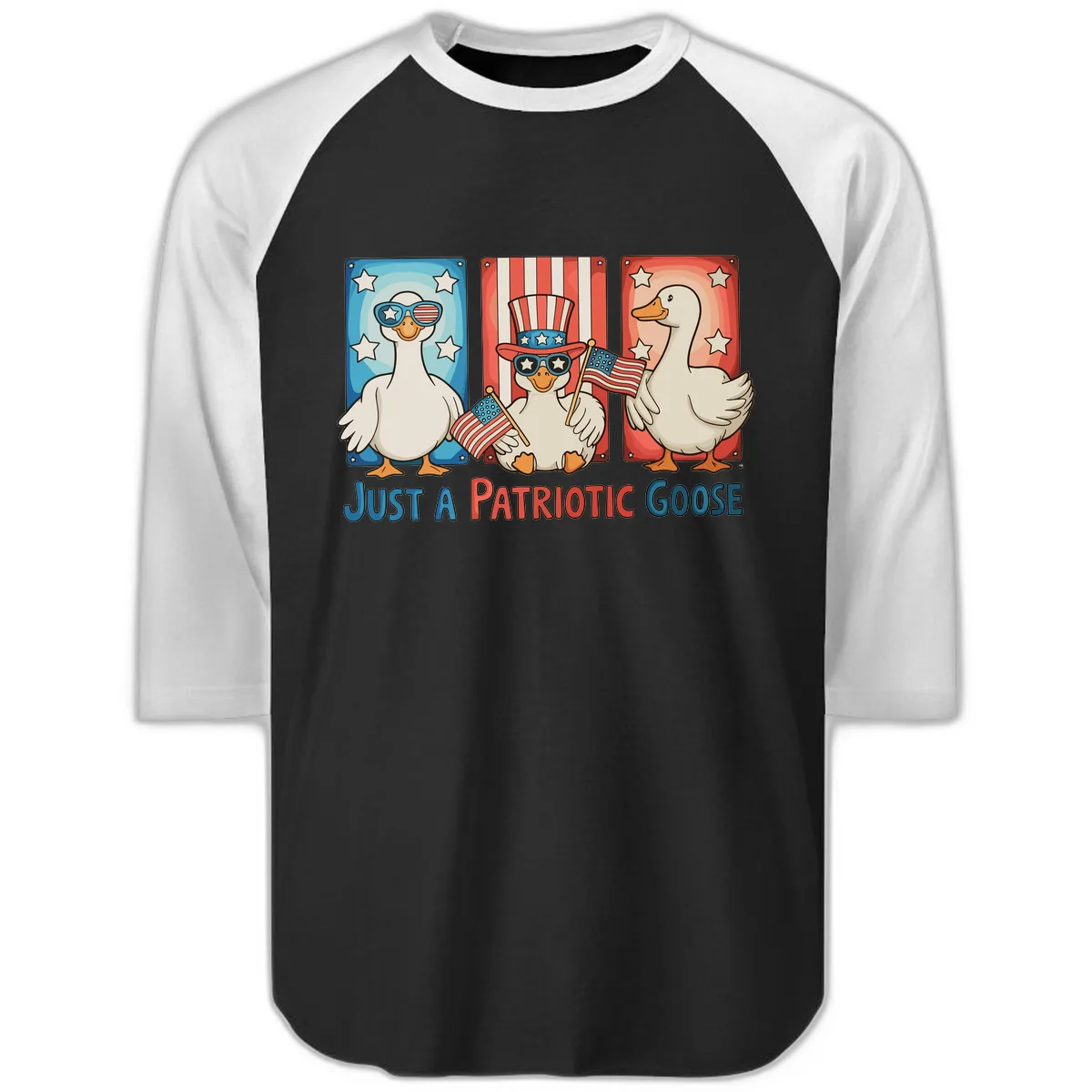 Just A Patriotic Goose Celebration Design Raglan 3/4 in Black White