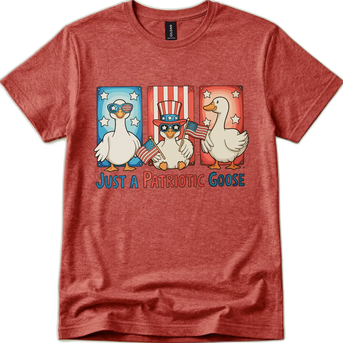 Just A Patriotic Goose Celebration Design T-Shirt in Heather Cardinal