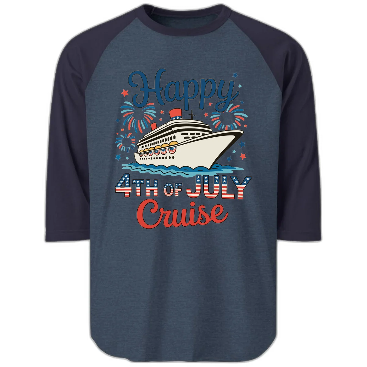 Happy 4th of July Cruise Raglan 3/4 in Heather Denim Navy