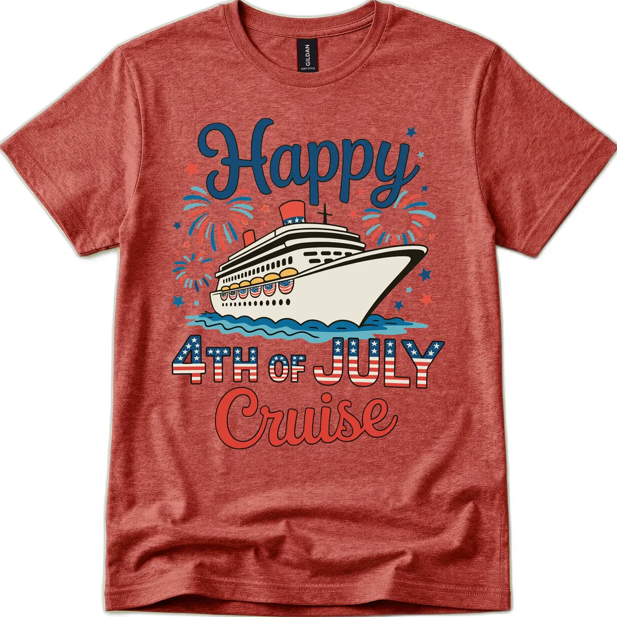 Happy 4th of July Cruise Celebration Design T-Shirt in Heather Cardinal