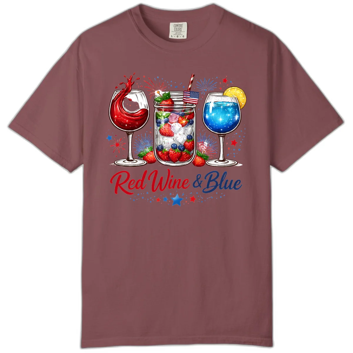 Patriotic Red Wine and Blue Celebration Drinks Comfort Color T-Shirt in Brick