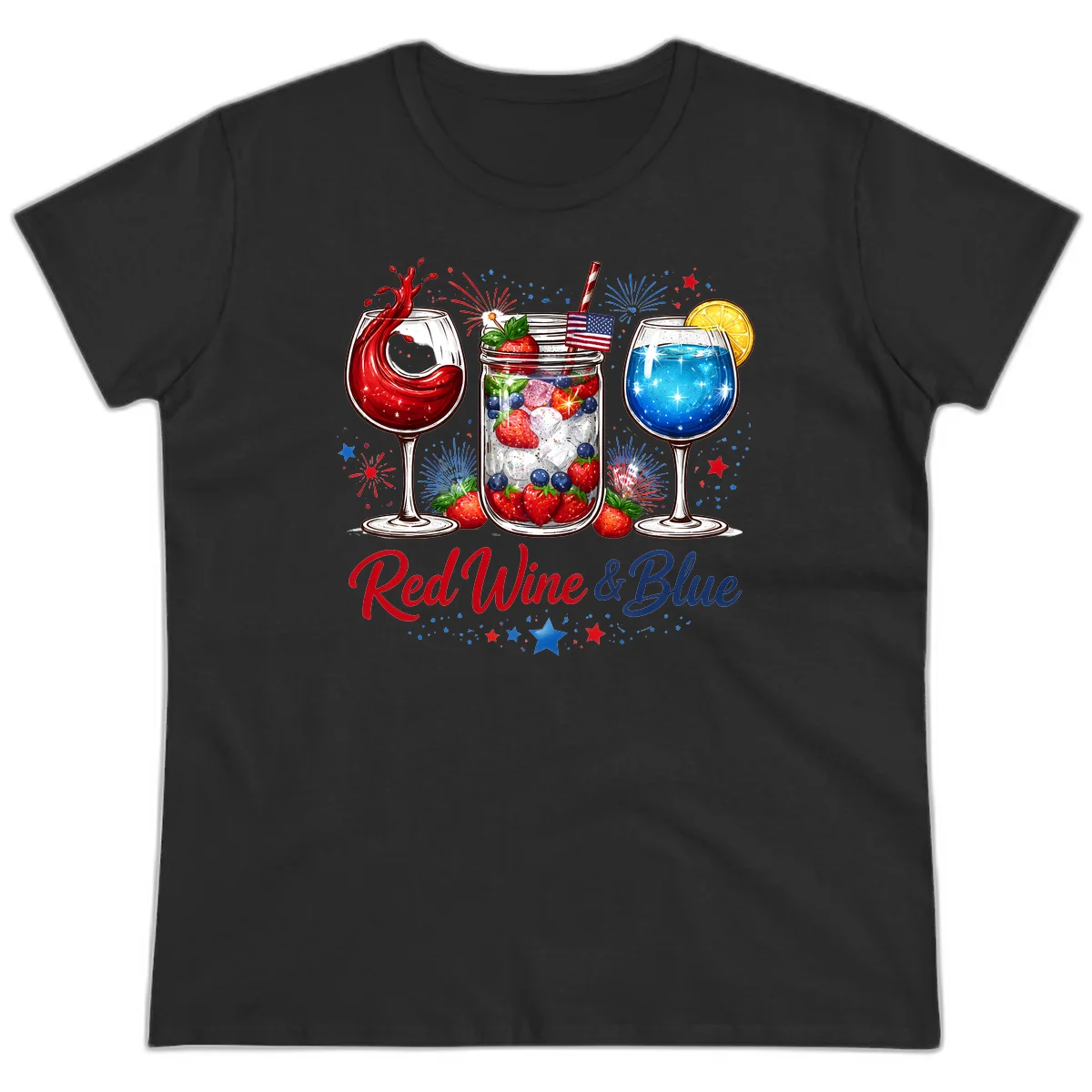 Patriotic Red Wine and Blue Celebration Drinks Ladies Tee in Black
