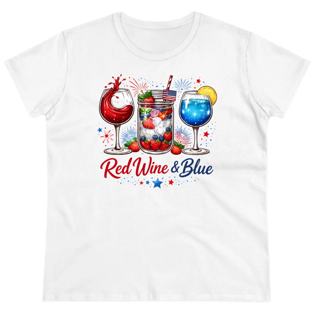 Patriotic Red Wine and Blue Celebration Drinks Ladies Tee in White