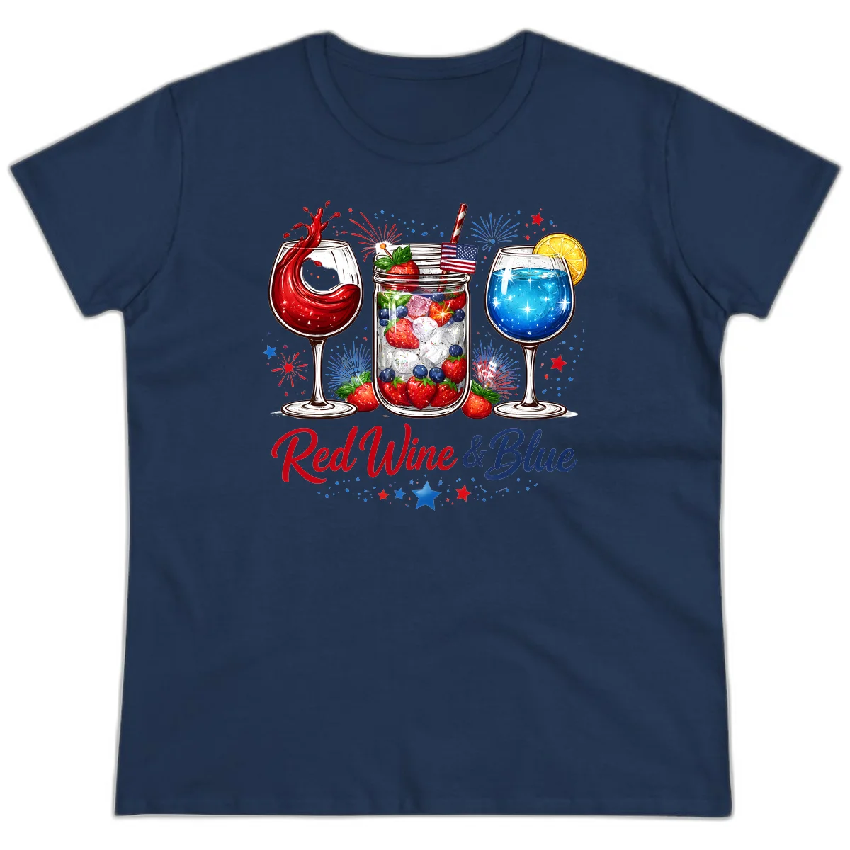 Patriotic Red Wine and Blue Celebration Drinks Ladies Tee in Navy