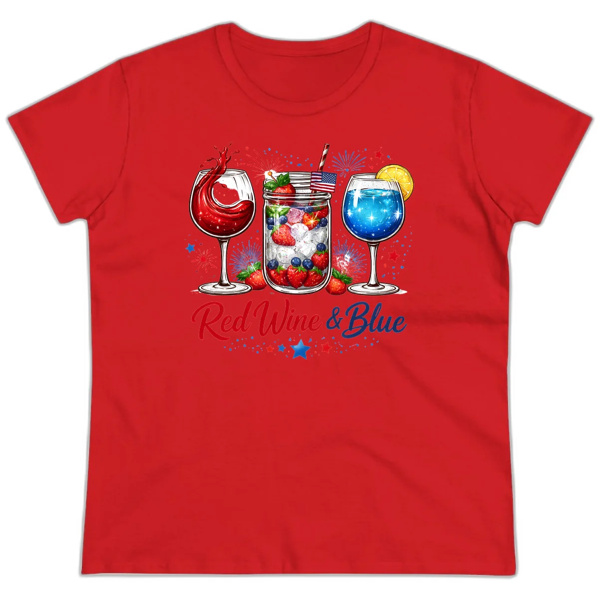 Patriotic Red Wine and Blue Celebration Drinks Ladies Tee in Red