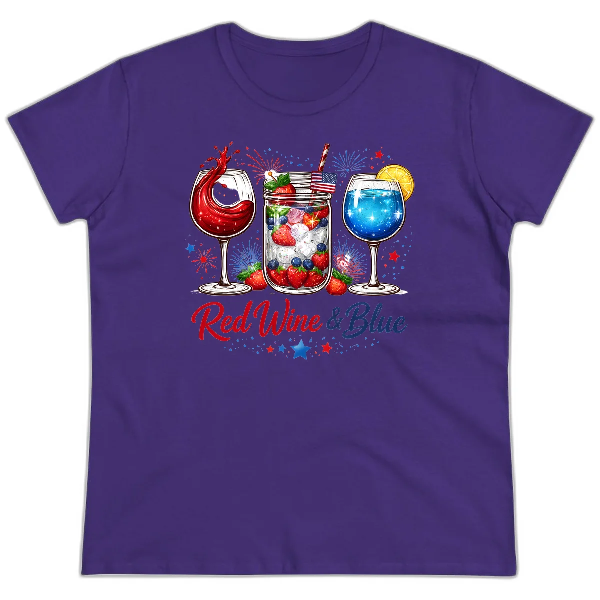 Patriotic Red Wine and Blue Celebration Drinks Ladies Tee in Purple