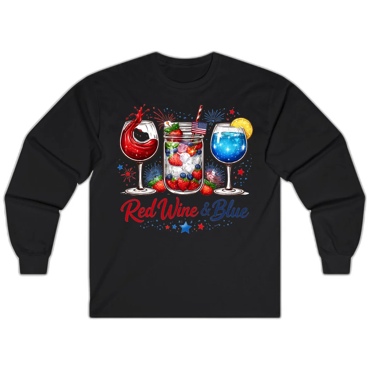 Patriotic Red Wine and Blue Celebration Drinks Long Sleeve in Black