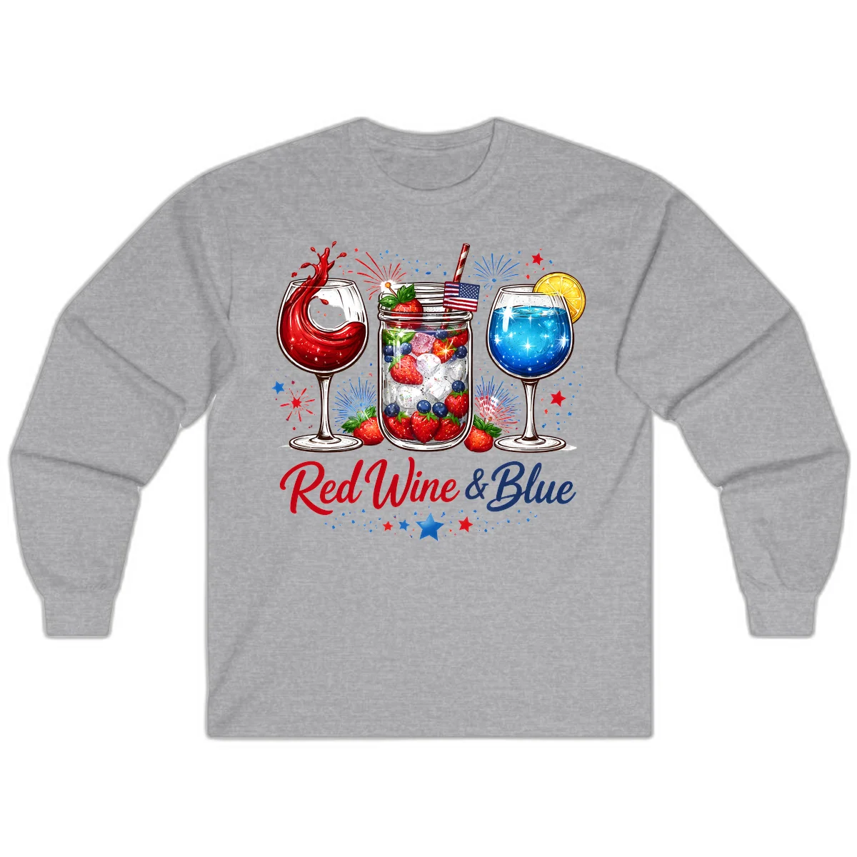 Patriotic Red Wine and Blue Celebration Drinks Long Sleeve in Sport Grey