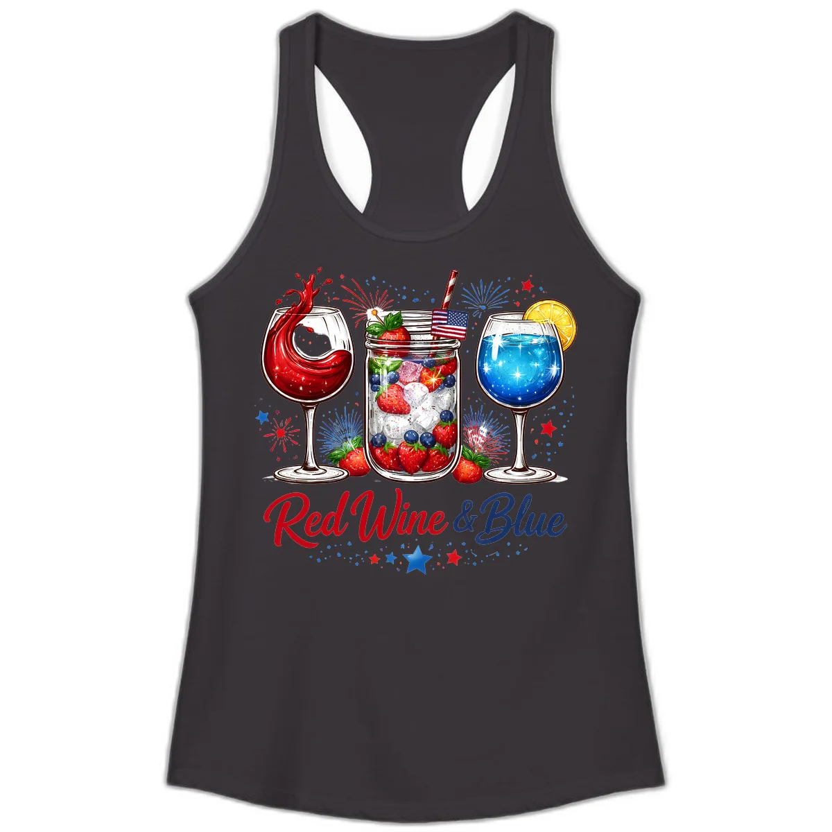 Patriotic Red Wine and Blue Celebration Drinks Ladies Tank in Black
