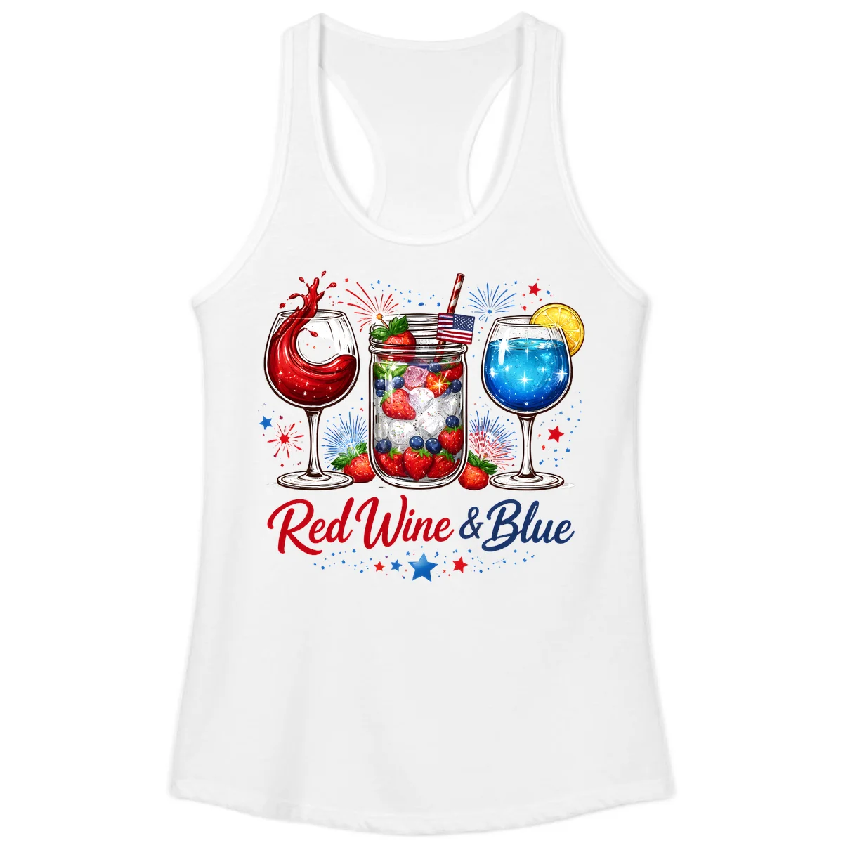 Patriotic Red Wine and Blue Celebration Drinks Ladies Tank in White