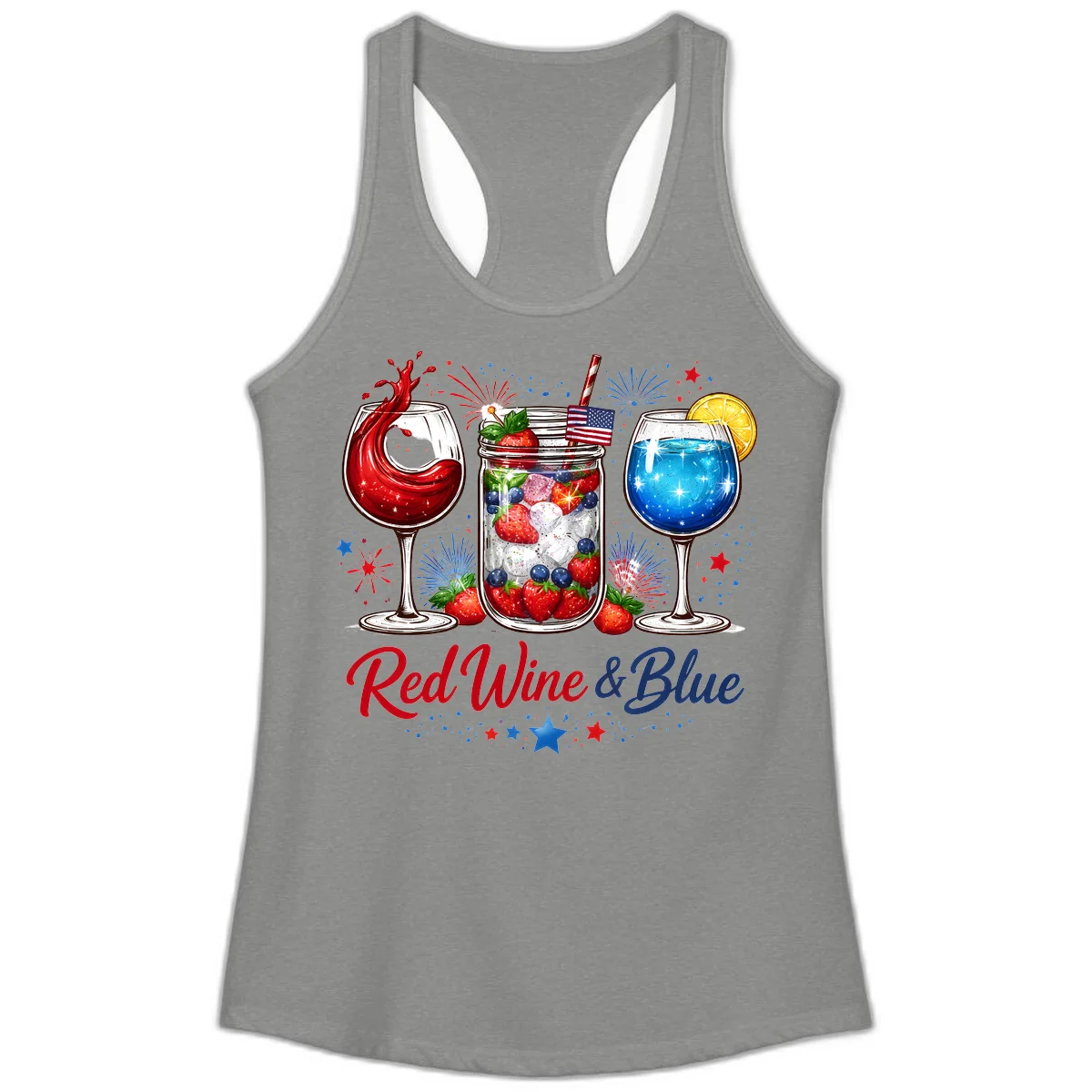 Patriotic Red Wine and Blue Celebration Drinks Ladies Tank in Heather Grey