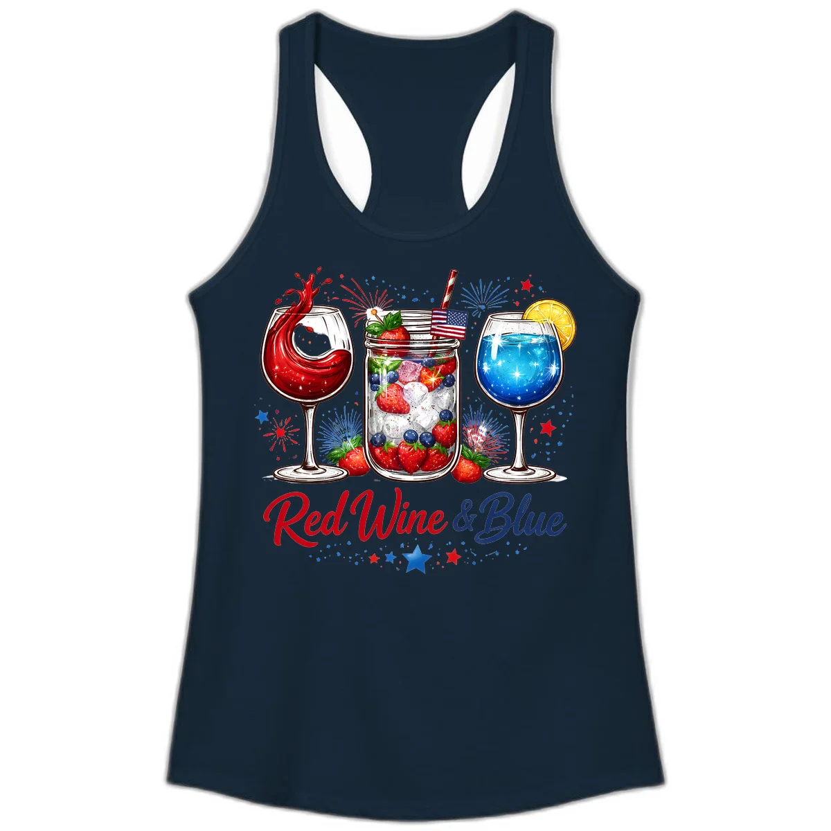 Patriotic Red Wine and Blue Celebration Drinks Ladies Tank in Solid Midnight Navy