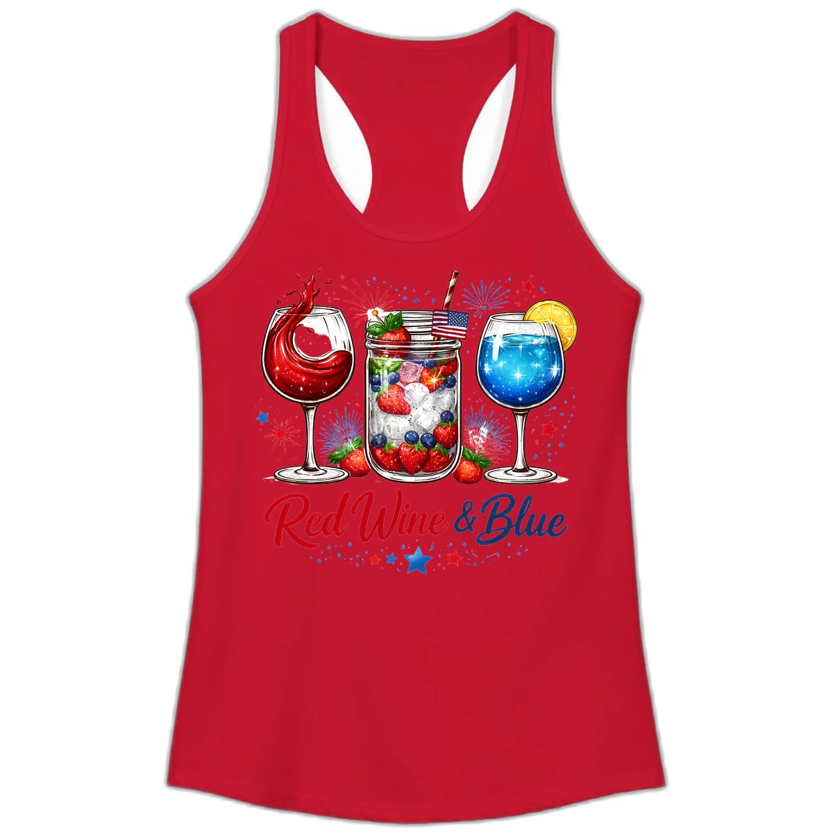 Patriotic Red Wine and Blue Celebration Drinks Ladies Tank in Solid Red