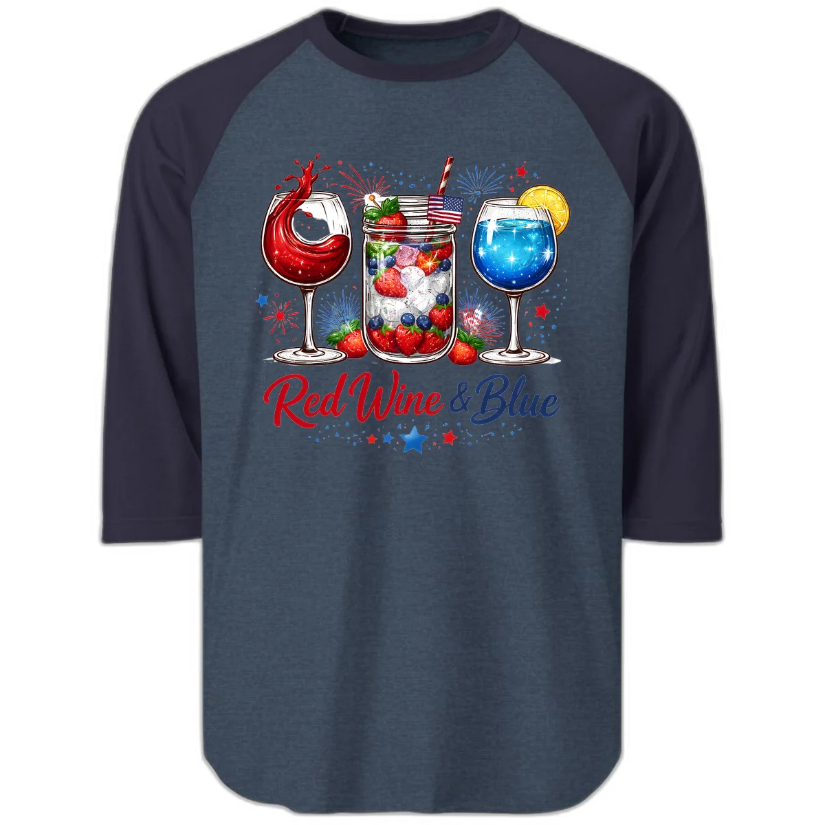 Patriotic Red Wine and Blue Celebration Drinks Raglan 3/4 in Heather Denim Navy