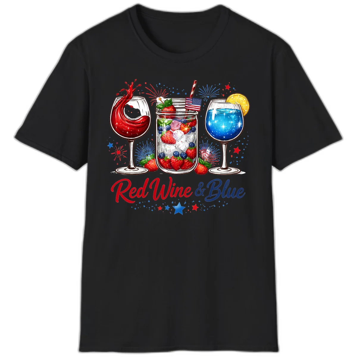 Patriotic Red Wine and Blue Celebration Drinks T-Shirt in Black
